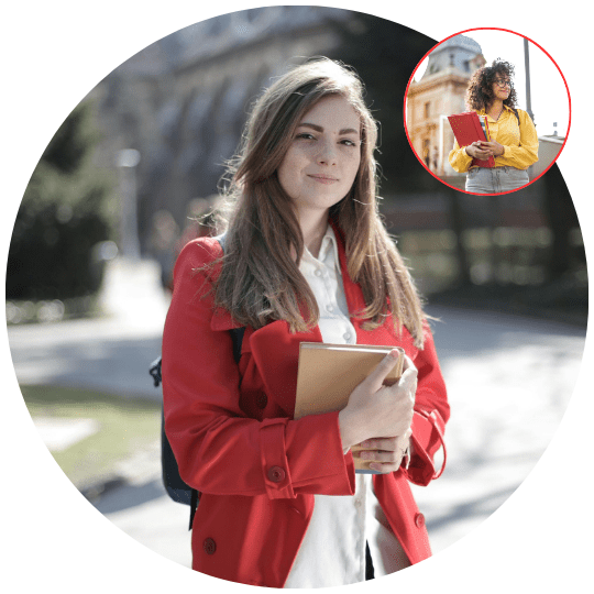 A woman in a red jacket holds a book and a picture of a girl. Image courtesy of RM Recruitment.